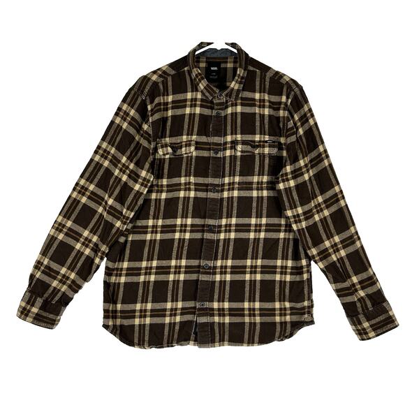 Vans Long Sleeve Button Up Flannel Shirt Mens Size Large Classic Fit Brown Plaid - Picture 1 of 12